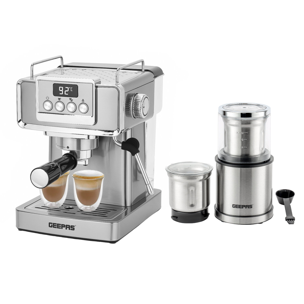 (Silver) Geepas Coffee Machine & 200W Coffee Grinder Combo