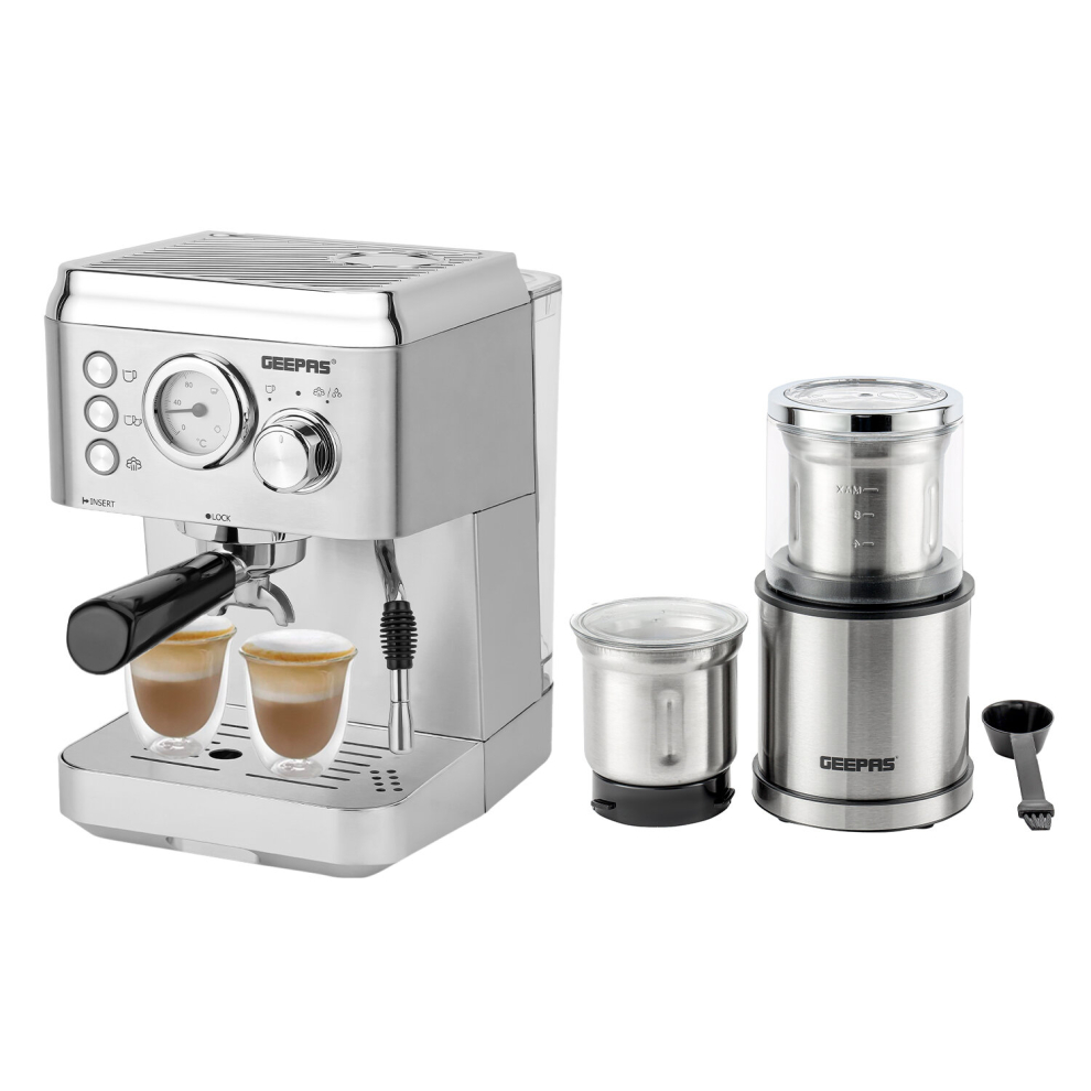 (Silver ) Geepas Coffee Machine & 200W Coffee Grinder Combo