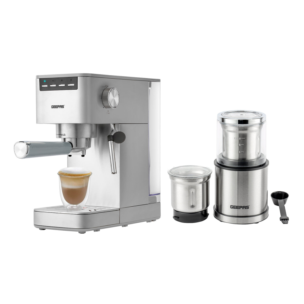 (Silver ) Geepas Coffee Machine & 200W Coffee Grinder Combo