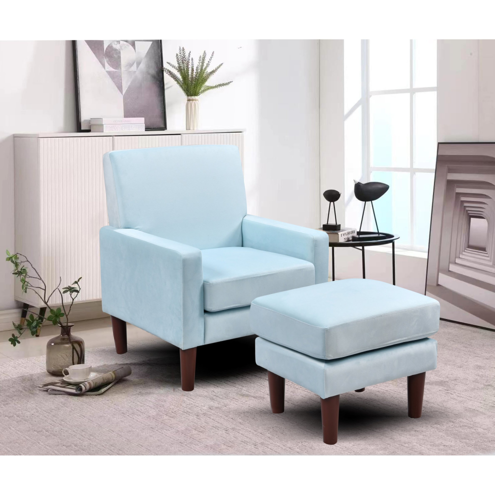 (Blue) Plush Velvet Chair With Footstool In Grey Green Blue Or Pink