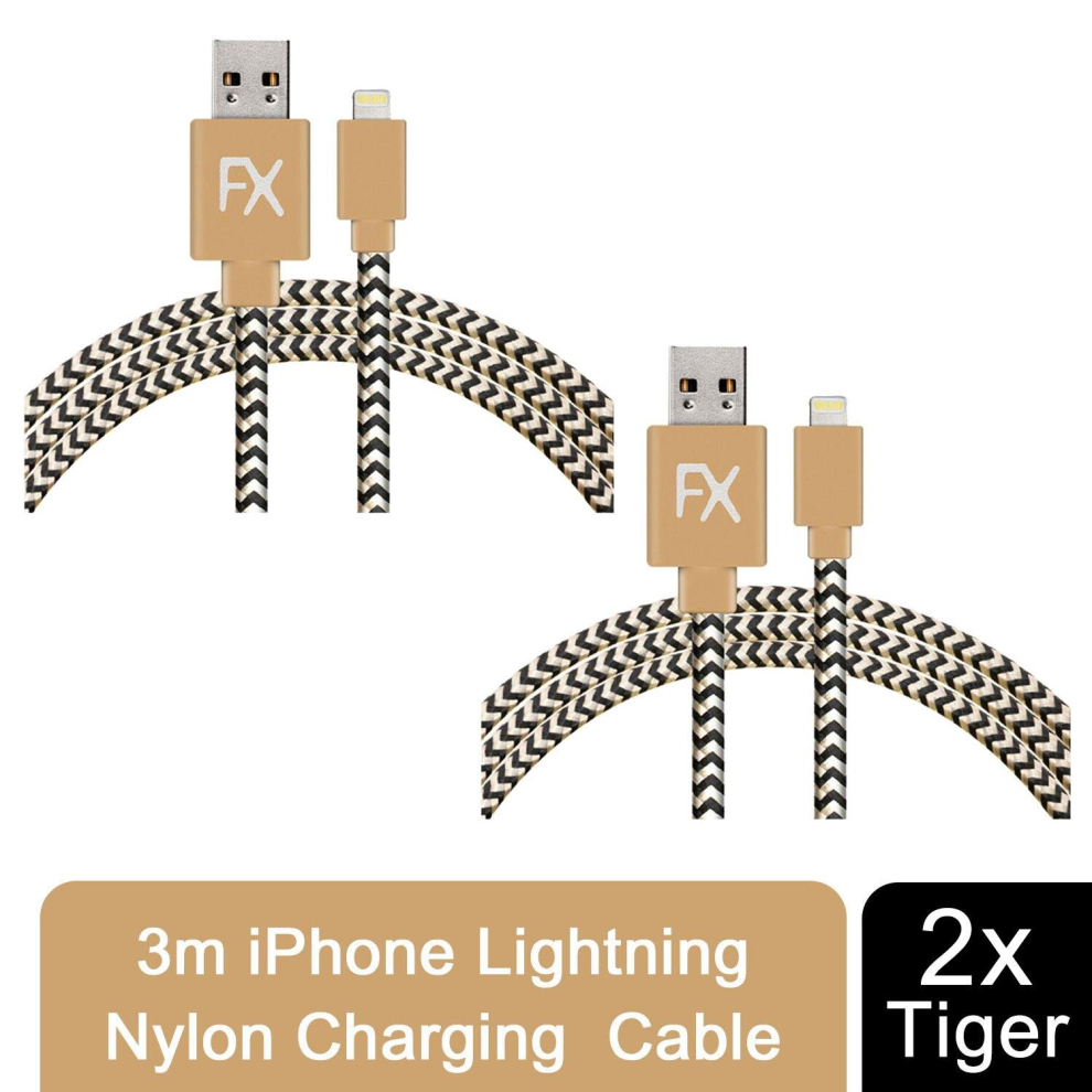 2x Aquarius 3m Phone Lightning Nylon USB Wire Braided Cable, Tiger