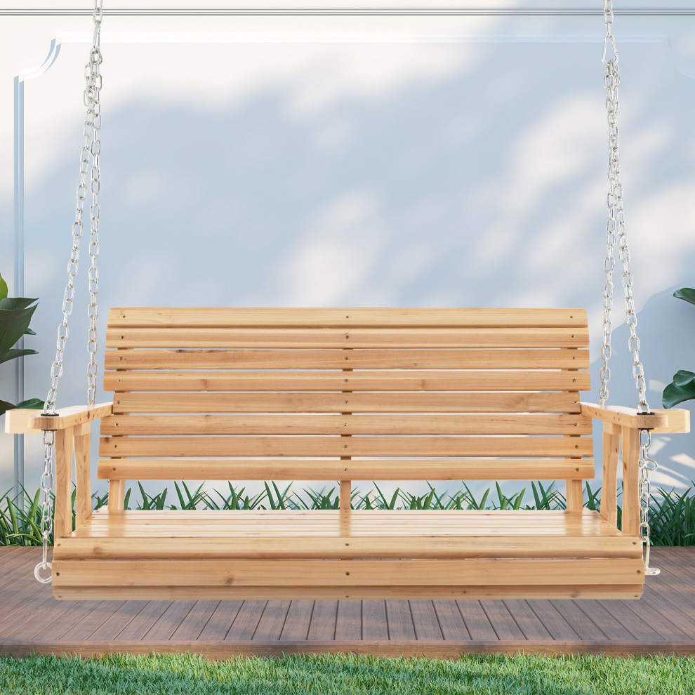 2-Person Garden Hanging Swing Chair Wooden Swing Bench W/ Armrest Cup Holders