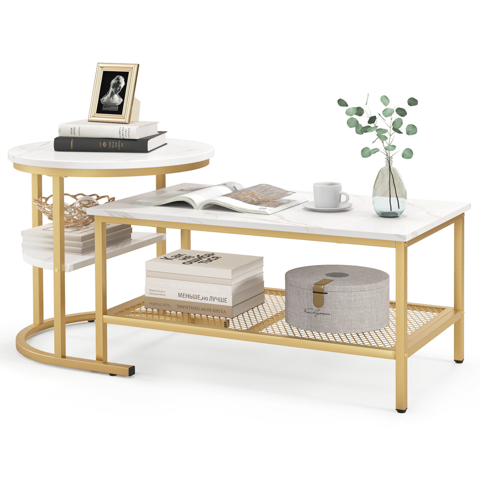 Coffee Nesting Table Set of 2 Detachable 2-Tier Sofa Side Table Faux Marble