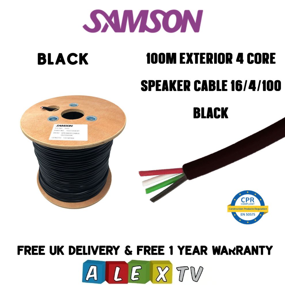 100m Samson 16/4 Exterior Outdoor 4 Core Speaker Cable Drum in Black
