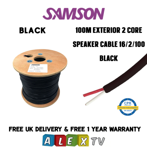 Samson 100m Samson 16/2 Exterior Outdoor 2 Core Speaker Cable Drum in Black