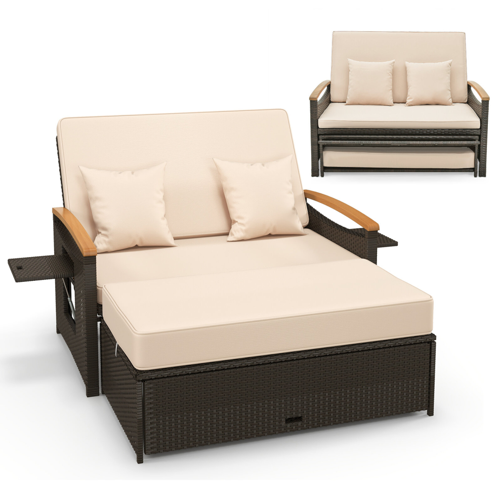 Outdoor Sun Lounger Set Rattan Daybed Woven Loveseat W/Ottoman