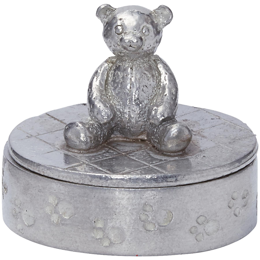 Child's Pewter Teddy Bear Trinket Box In Oval Shaped Cute Teddy Bear On Top Paw Prints On Body Around Base I Luv Ltd