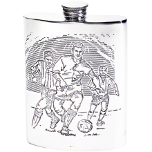 6oz Pewter Hip Flask with Football Soccer scene Embossed on Front and Back Kidney Shaped Flask Bright Polished Finish Screw Top Hip Flasks for Men