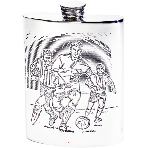 6oz Pewter Hip Flask with Football Soccer scene Embossed on Front and