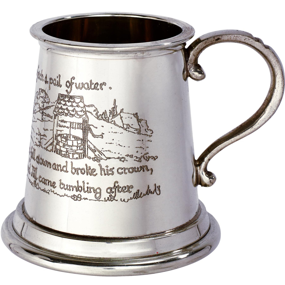 Quarter Pint Mug Jack And Jill Nursery Rhyme On Front And Back Of Body Christening Pewter Tankard Scroll Handle I Luv Ltd
