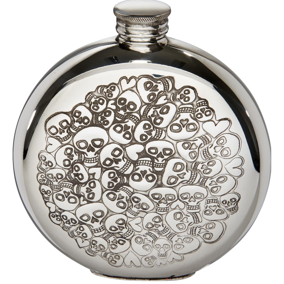 6oz Round Pocket Hip Flask with Skull and Heart Design on Front and Back Bright Polished Finish Screw Top Hip Flasks for Men-image-OPC-P7CXPHF-NEW