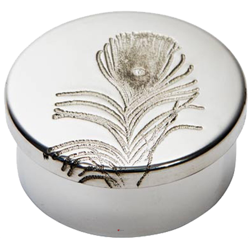 I Luv Ltd Small Pewter Trinket Pill Box With Peacock Feather Design Embossed With Single Peacock Feather On Lid Perfect For Egraving On Body