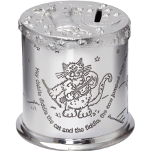 Child's Pewter Money Box Cow over the Moon Nursery Rhyme Poem Embossed on Body Bright Polished Pewter Money Box Hole in Base with Rubber Bung