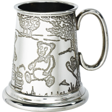 Quarter Pint Mug Teddy Bears Picnic Nursery Rhyme on Front and Back of Body Christening Pewter Tankard Scroll Handle