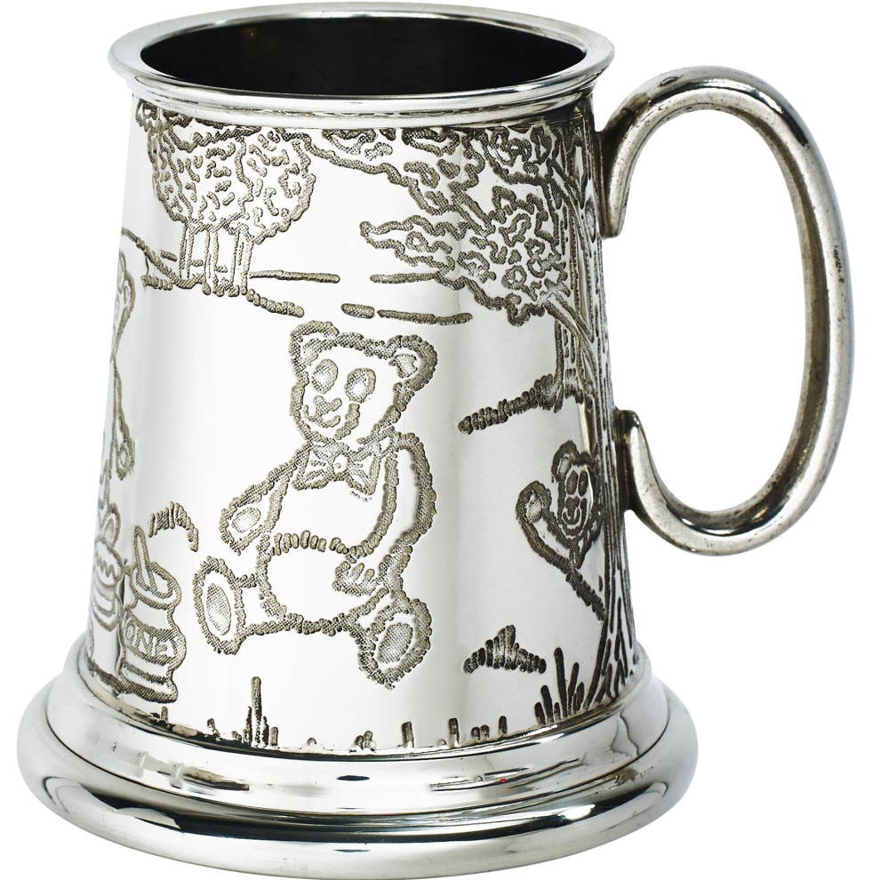 Quarter Pint Mug Teddy Bears Picnic Nursery Rhyme On Front And Back Of Body Christening Pewter Tankard Scroll Handle I Luv Ltd