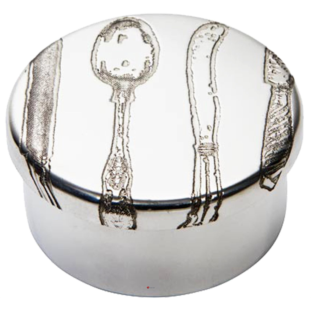 I Luv Ltd Small Pewter Trinket Pill Box With Knife Fork Spoon Pattern Design Embossed With Knife Fork Spoon Design On Lid Perfect For Egraving On Body