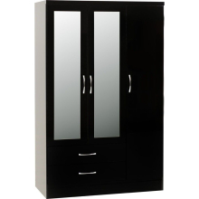 Nevada 3 Door 2 Drawer Mirrored Wardrobe in Black Gloss Finish