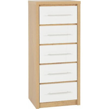 Seconique Seville White Gloss & Oak 5 Drawer Tall Narrow Chest