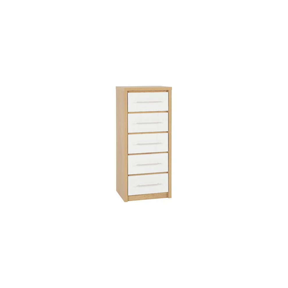 Seconique Seville White Gloss & Oak 5 Drawer Tall Narrow Chest