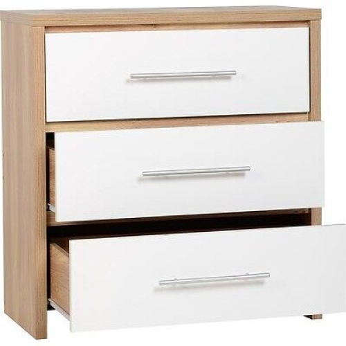 Seconique Seville 3 Drawer Chest White High Gloss/Light Oak Effect Veneer