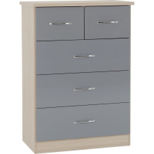 100-102-089 Nevada 3+2 Drawer Chest Grey Gloss/Light Oak Effect Veneer, Flat-Pack, Assembly Required