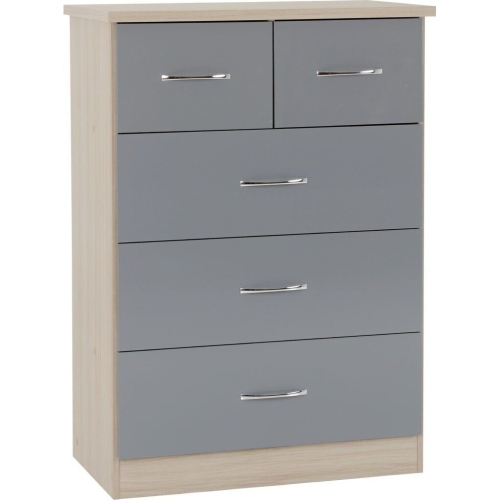 Seconique 100-102-089 Nevada 3+2 Drawer Chest Grey Gloss/Light Oak Effect Veneer, Flat-Pack, Assembly Required