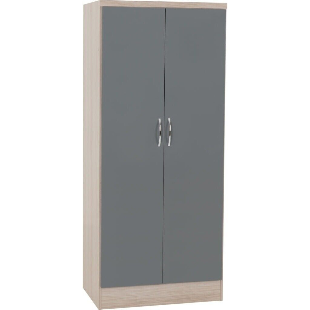 Nevada 2 Door All Hanging Wardrobe in Grey Gloss and Light Oak Effect Veneer