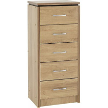 Charles 5 Drawer Narrow Chest Oak Effect Veneer with Walnut Trim