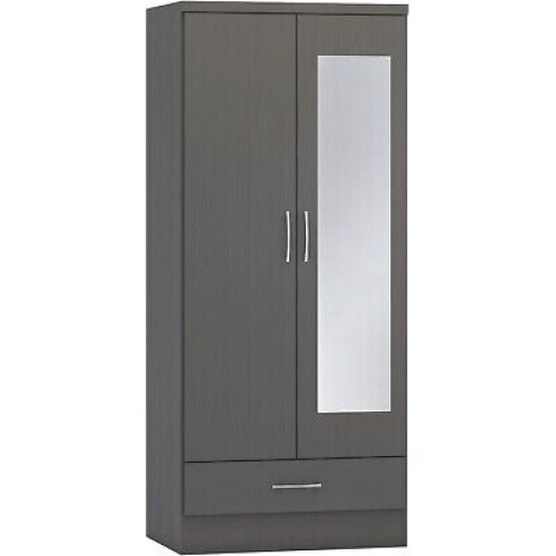 Seconique Nevada Mirrored 2 Door 1 Drawer Wardrobe in 3D Effect Grey Finish
