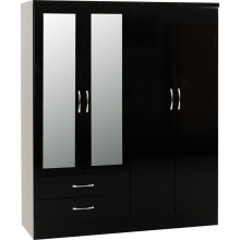 Nevada 4 Door 2 Drawer Mirrored Wardrobe in Black Gloss Finish
