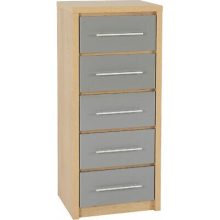 Seconique Seville 2-Door Wardrobe, Wood, Light Oak Veneer/Grey High Gloss#5 Drawer Narrow Chest