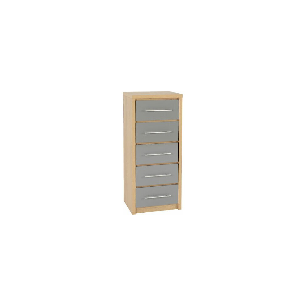 Seconique Seville 2-Door Wardrobe, Wood, Light Oak Veneer/Grey High Gloss#5 Drawer Narrow Chest