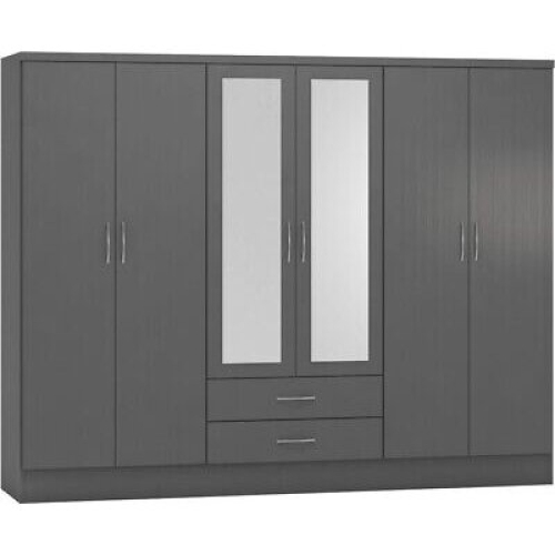 Seconique Nevada 6 Door 2 Drawer Mirrored Wardrobe 3D Effect Grey