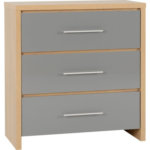 Seconique Seville 3 Drawer Chest Grey High Gloss/Light Oak Effect Veneer