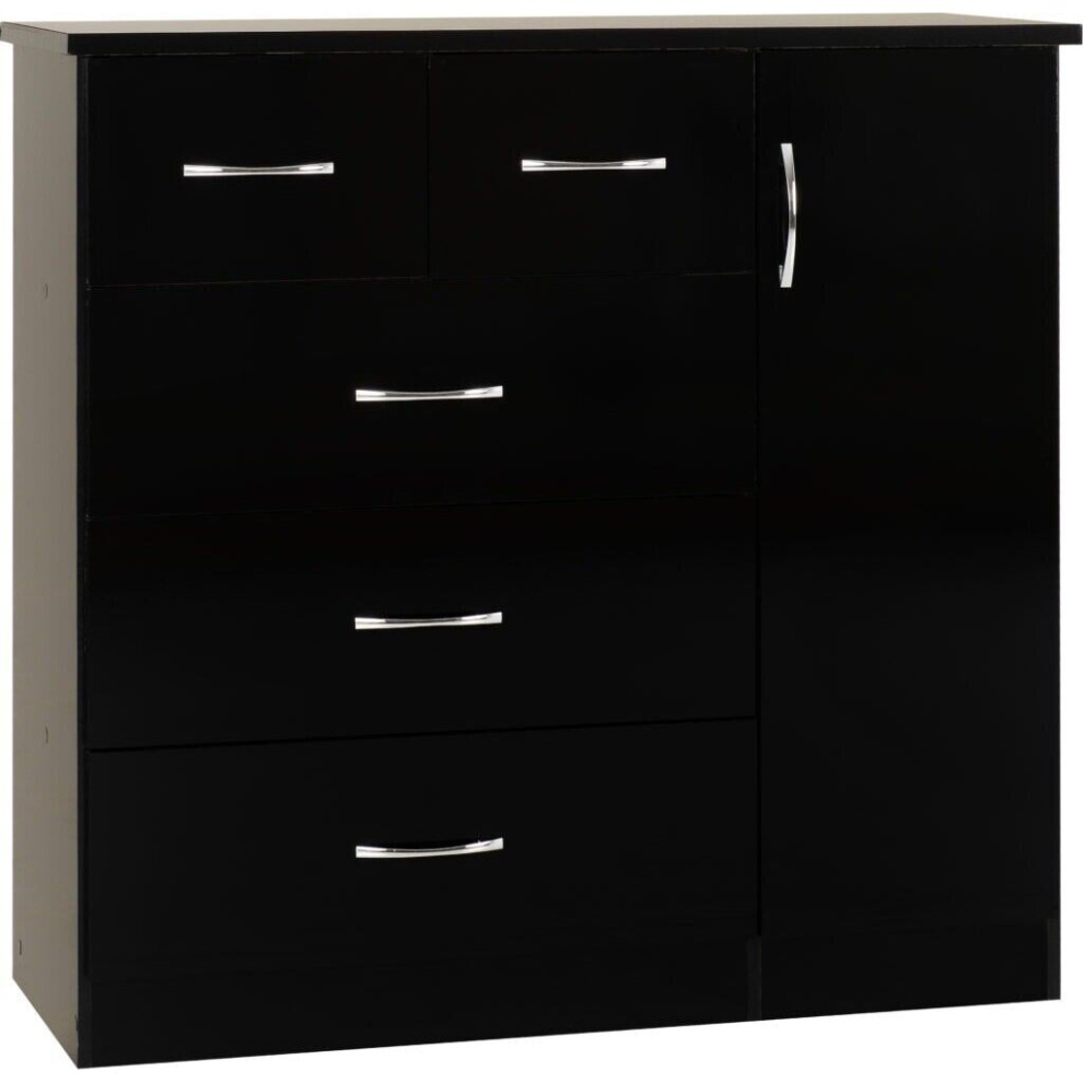 Seconique Nevada 5 Drawer 1 Door Low Wardrobe In Gloss Finish Black