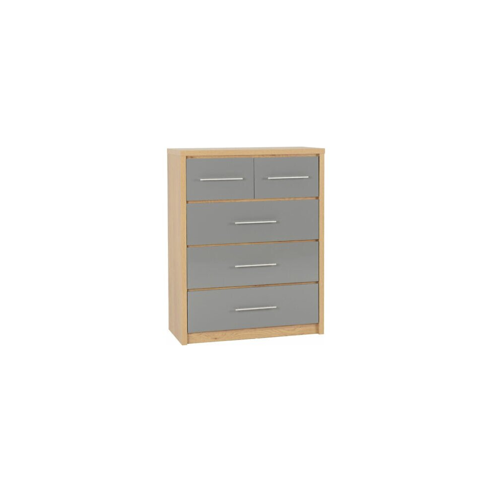 Seconique Santos 3+2 Drawer Chest - Grey High Gloss/Light Oak Effect Veneer
