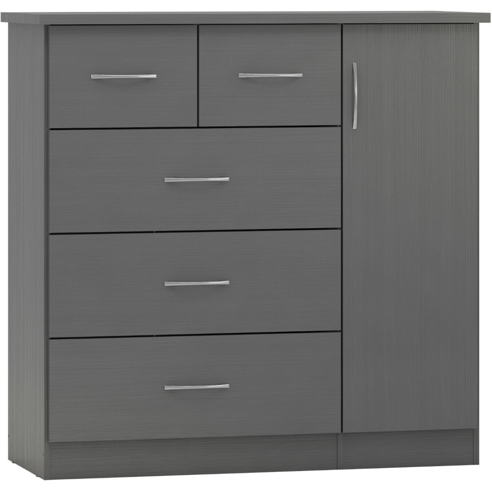 Nevada 1 Door 5 Drawer Low Wardrobe Grey Gloss and Oak Effect