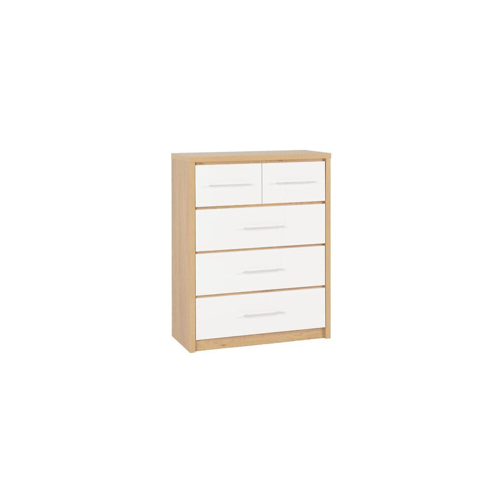 Seville 3+2 Drawer Chest White High Gloss/Light Oak Effect Veneer