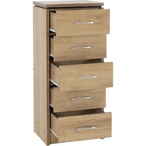 Seconique Charles 5 Drawer Narrow Chest Oak Effect Veneer with Walnut Trim 1