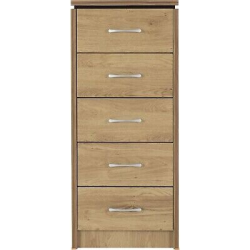 Seconique Charles 5 Drawer Narrow Chest Oak Effect Veneer with Walnut Trim 2