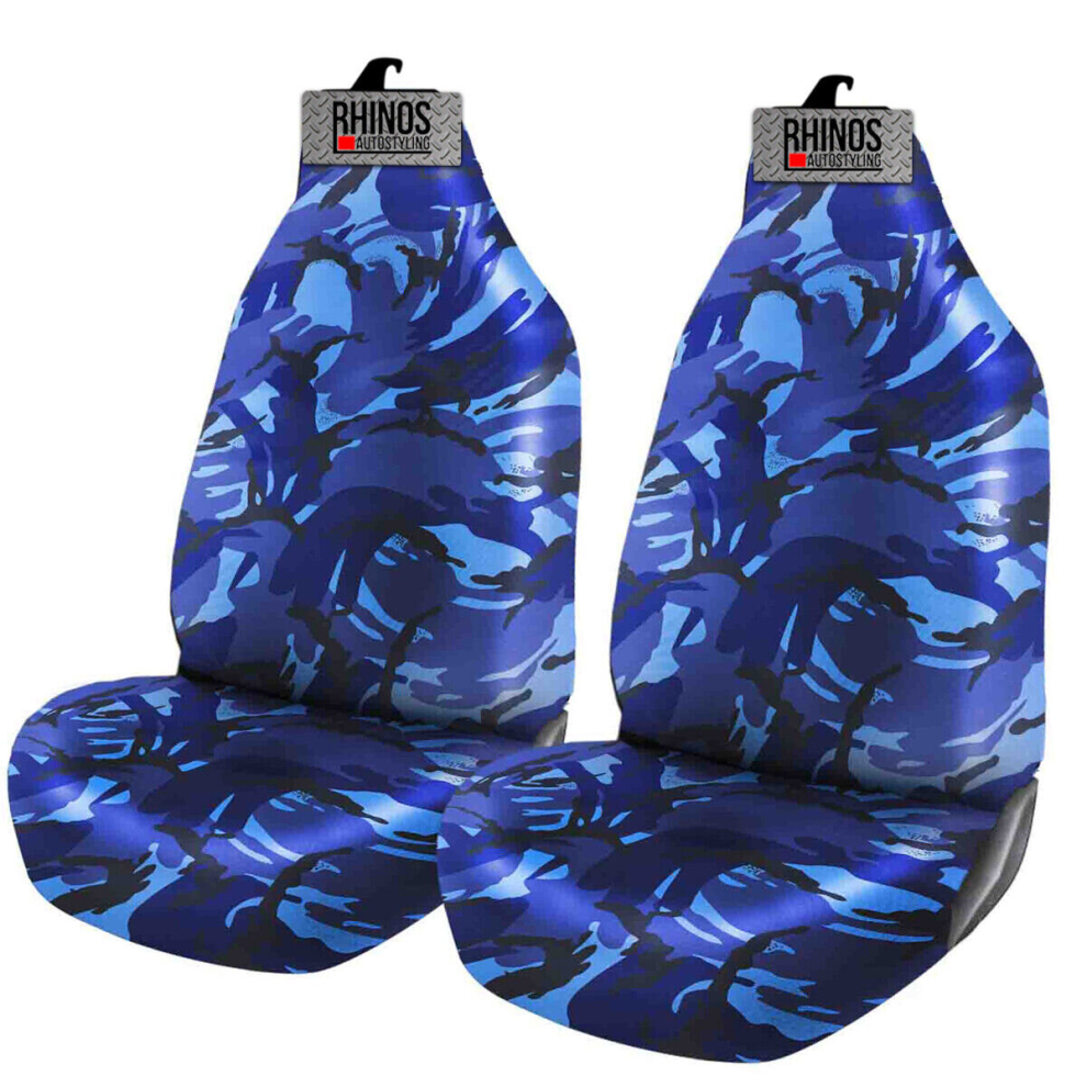 For Peugeot  108 (2014 ON) - Heavy Duty Durable Nylon Driver Passenger Blue Camouflage Pair Waterproof Car Van Front Seat Covers Protectors - 2 x Fron