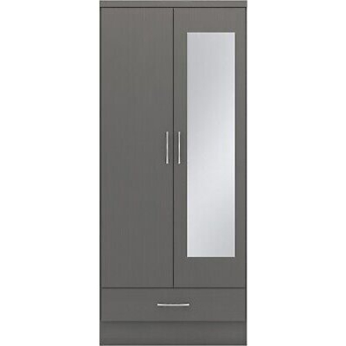 Seconique Nevada Mirrored 2 Door 1 Drawer Wardrobe in 3D Effect Grey Finish 1