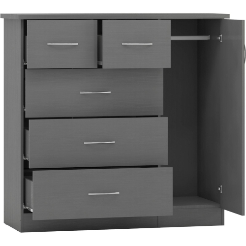 Seconique Nevada 1 Door 5 Drawer Low Wardrobe Grey Gloss and Oak Effect 1