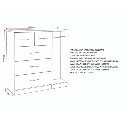 Seconique Nevada 1 Door 5 Drawer Low Wardrobe Grey Gloss and Oak Effect 2