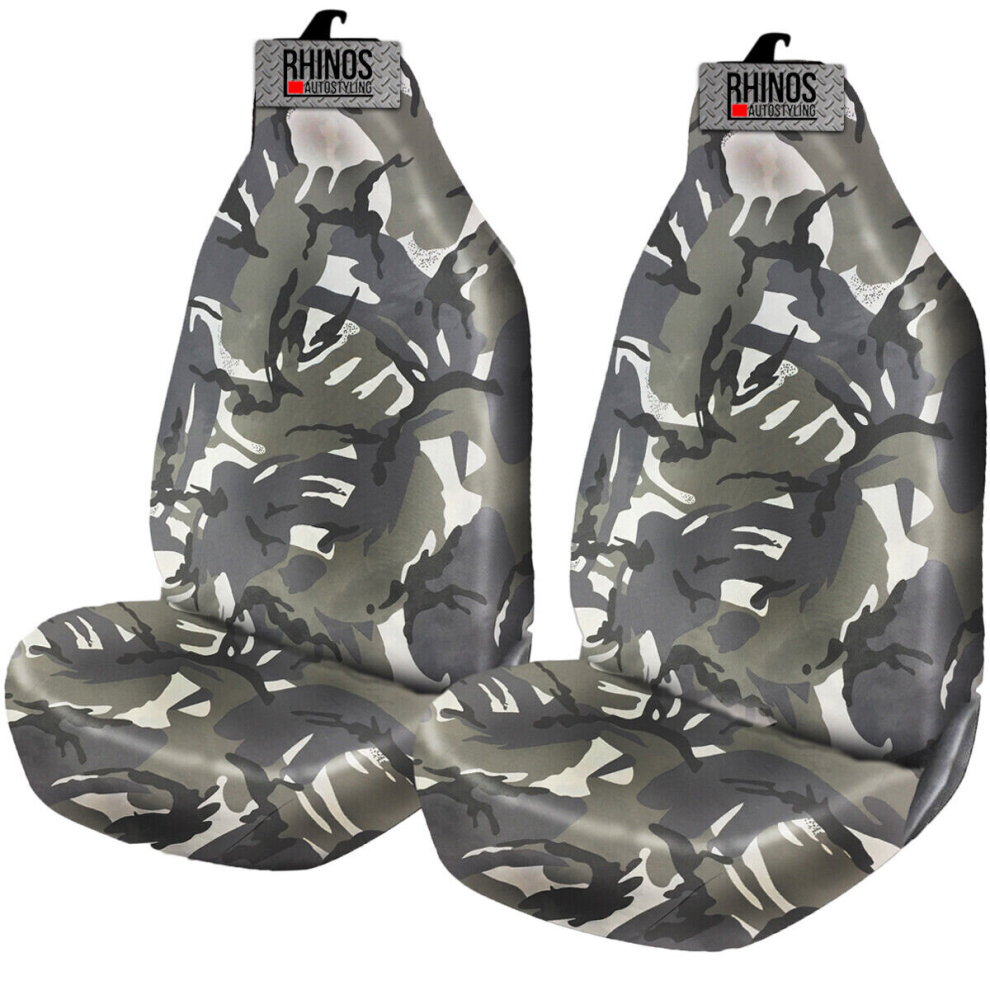 Rhinos Autostyling For Toyota Aygo - Heavy Duty Durable Nylon Driver Passenger Camouflage Pair Waterproof Car Van Front Seat Covers Protectors - 2 X Fronts Grey