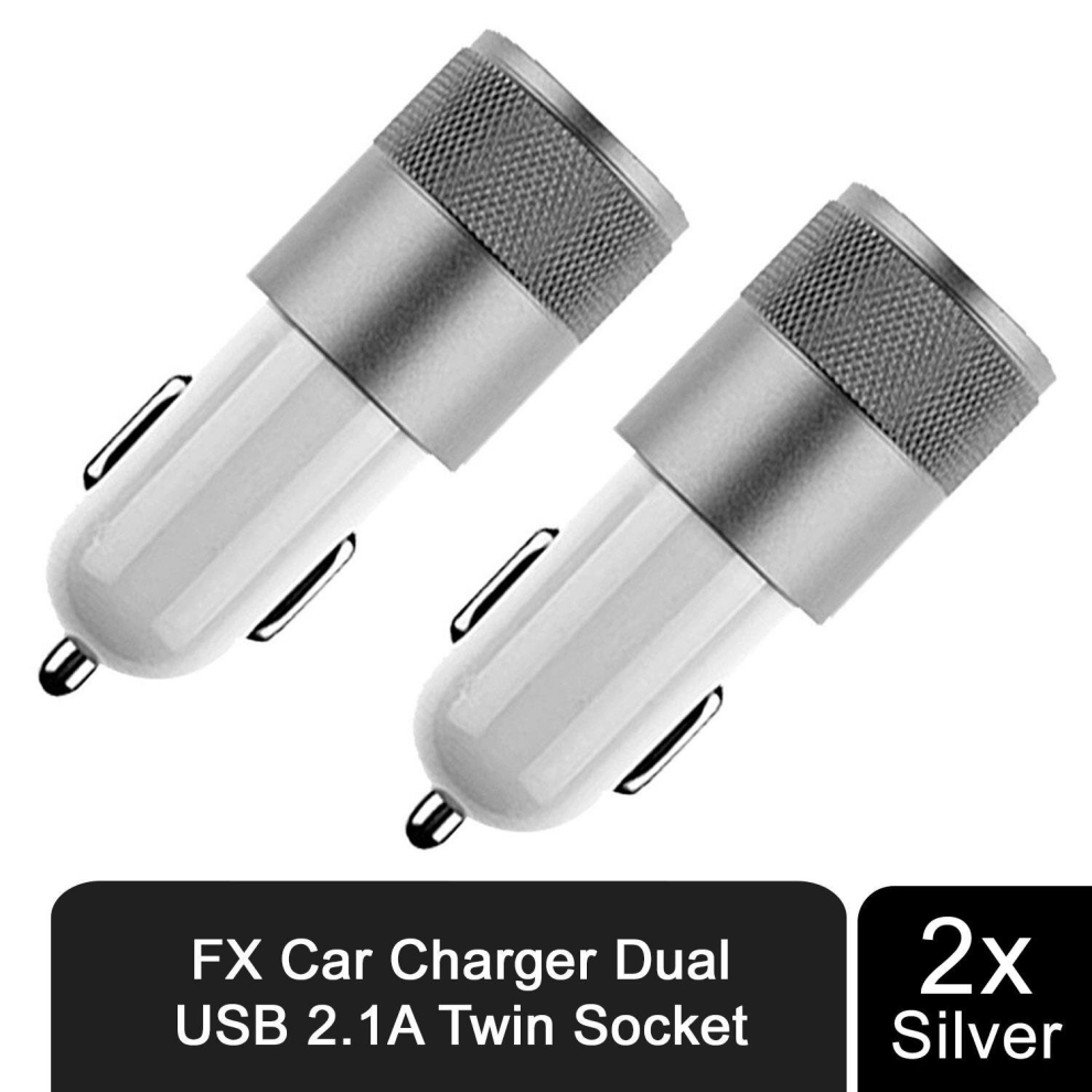 2X Fx Powabud Car Charger 2.1A Twin Usb Universal Charger, Silver 5056184063077