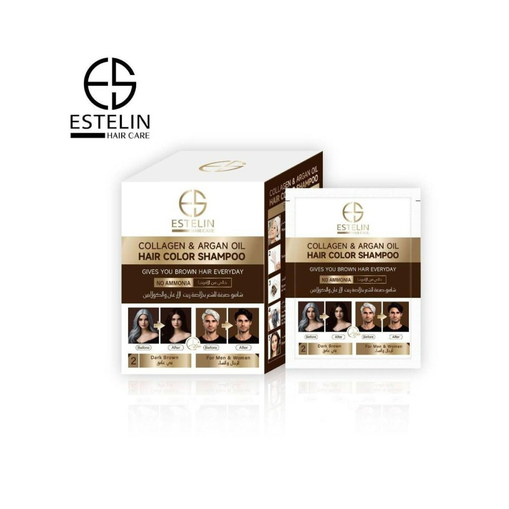 Dark/Brown Estelin Collagen & Argan Oil Hair Color Shampoo 25Ml*10 Pcs