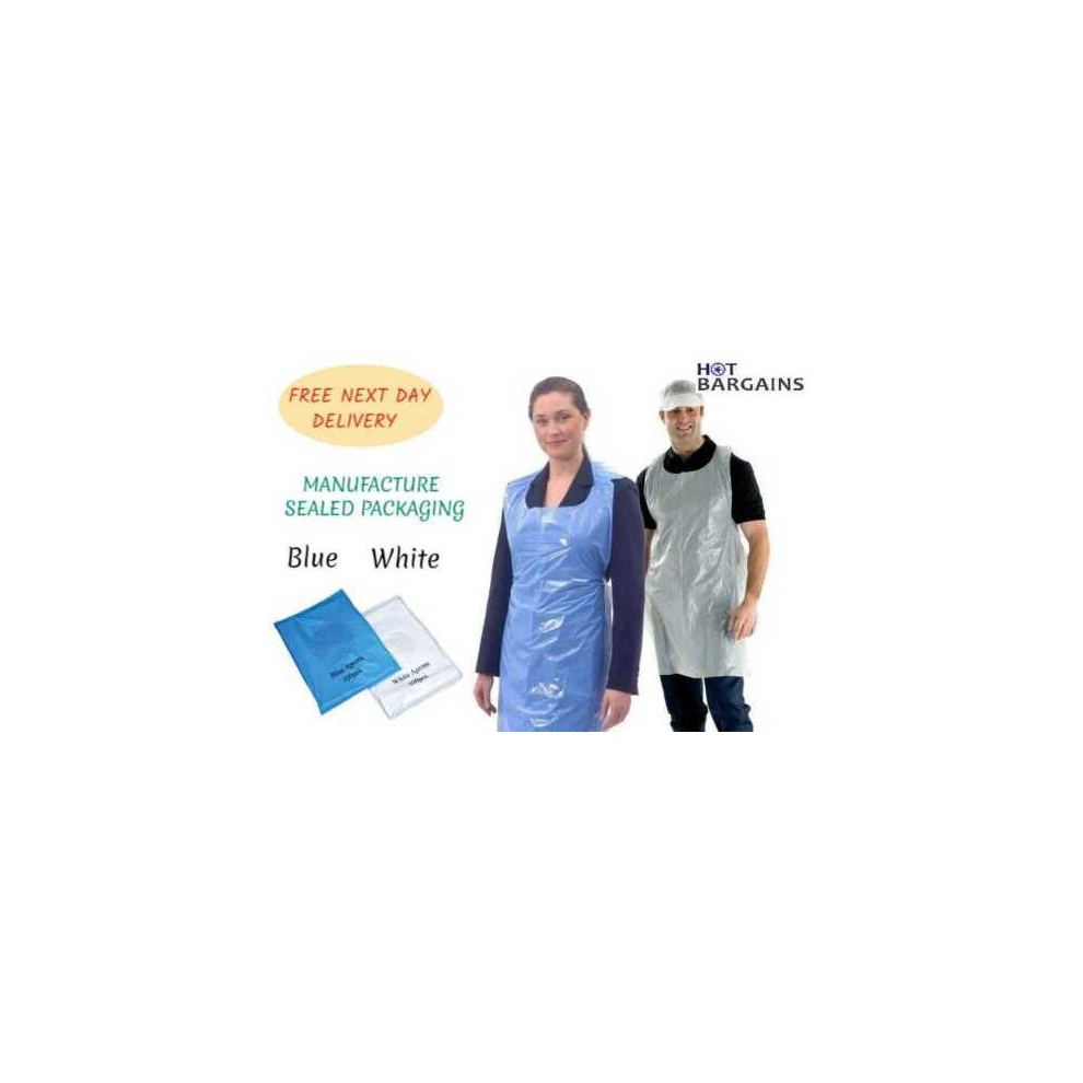 (White, 100) Disposable Plastic Aprons Blue or White Eco Flat Pack Polythene Aprons