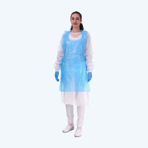 (Blue, 100) Disposable Plastic Aprons Blue or White Eco Flat Pack Polythene Aprons 1
