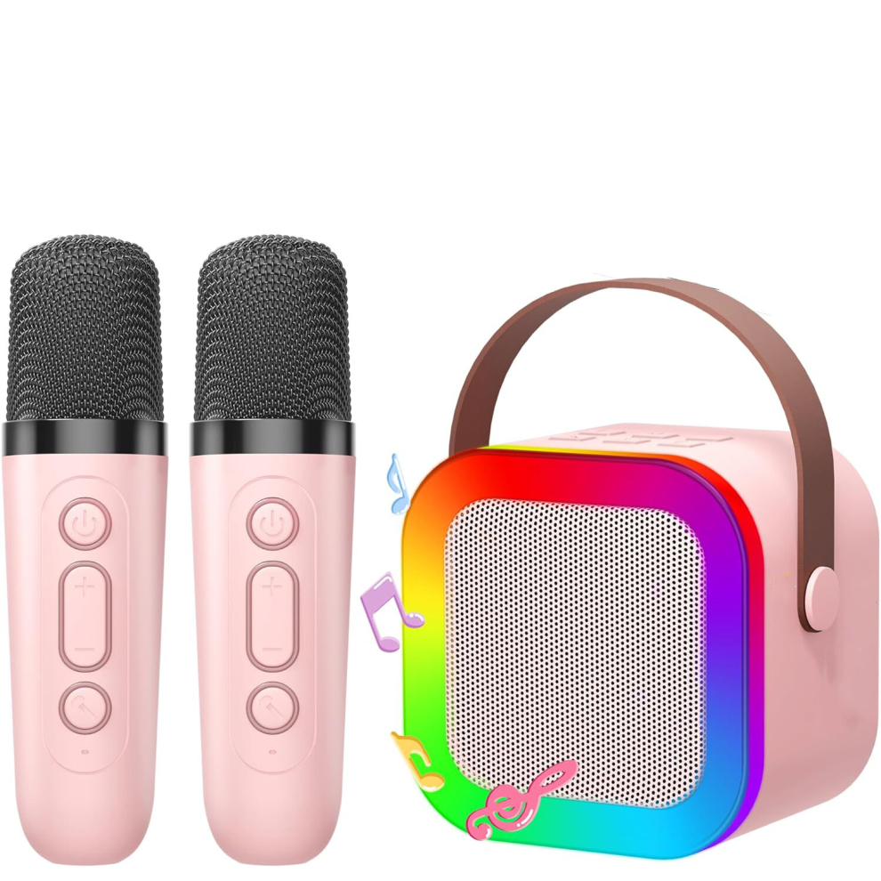 Mini Karaoke Machine for Kids Portable Bluetooth Speaker & 2 Microphone with LED
